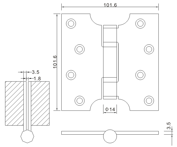 Dobradiça plana em forma de I de aço inoxidável 4 × 4 × 3,5 Dobradiças de porta de madeira