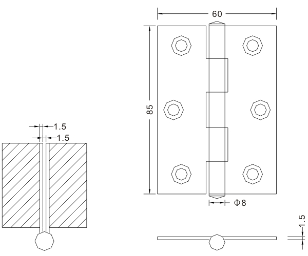 Dobradiças de porta de madeira com dobradiça plana 85 × 60 × 1,5 Dobradiças de metal dobráveis ​​para aço inoxidável