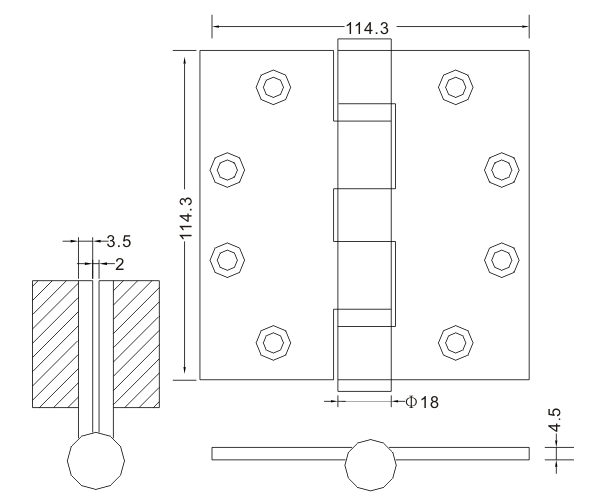 4,5 × 4,5 × 4,5-4bb Fabricante de hardware Dobradiças de porta de aço inoxidável por atacado de fábrica Dobradiças de porta de madeira