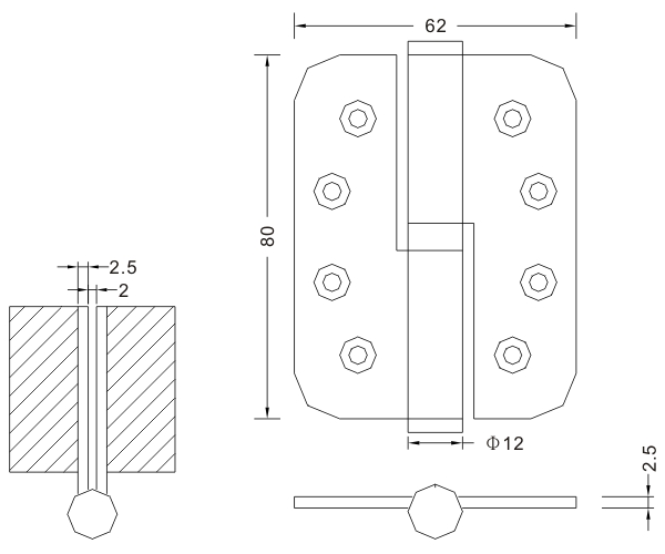 Fabricante de dobradiças para porta de madeira com dobradiça L&R de aço inoxidável 80 × 62 × 2,5